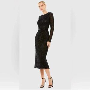 NWT | Mac Duggal 5530 Long Sleeve Lattice Beaded Midi Cocktail Dress Size 12